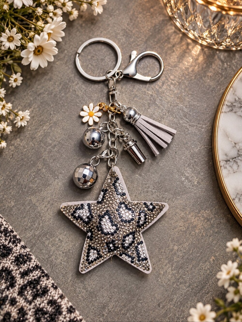 Silver and Gray Leopard Star Keychain Tassel Bag Charm NEW